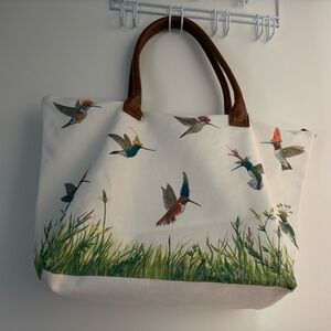 Hummingbird Canvas Tote with Brown Handles